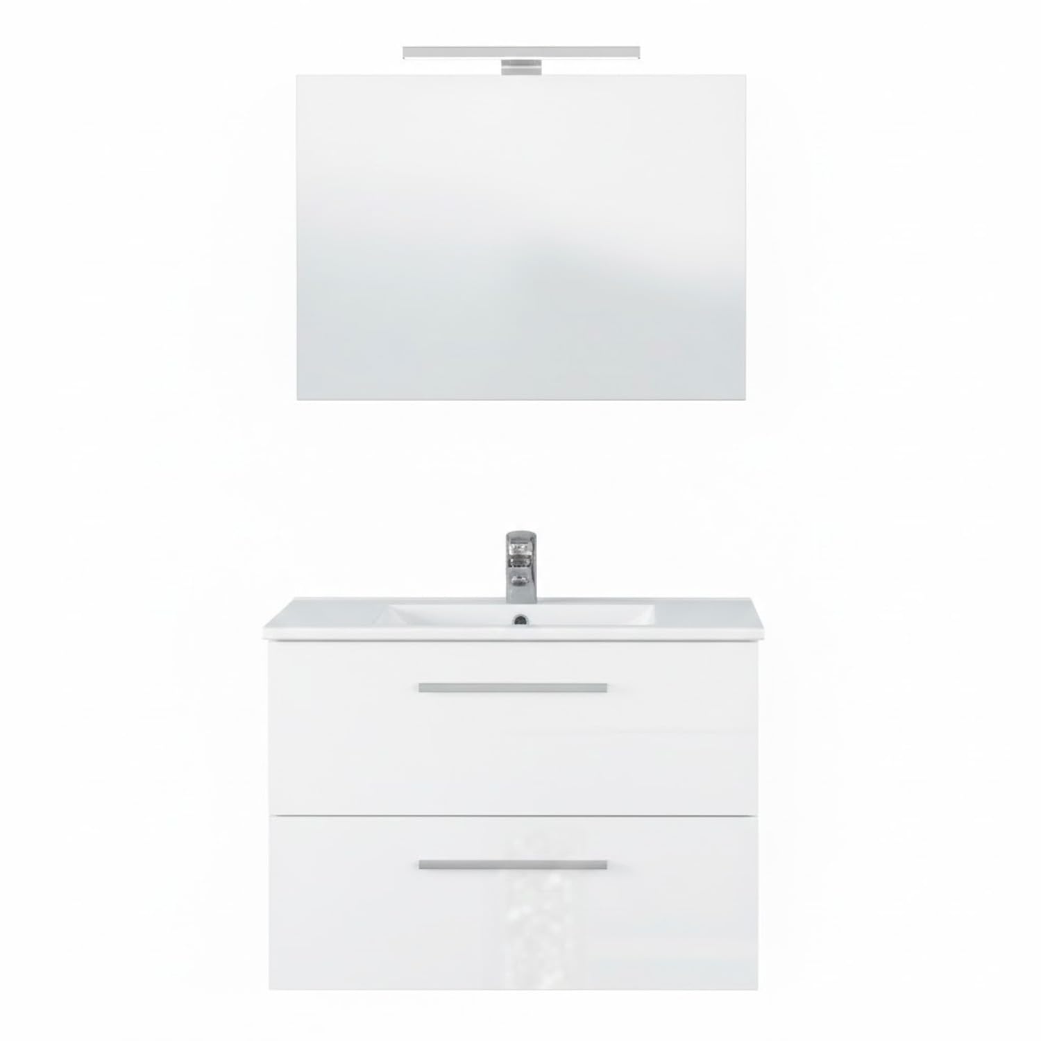 Bricozone Mobile Bagno Sospeso 80 Cm Con Lavabo In Ceramica Specchio E Led Da 45 Cm Bianco 2 Cassetti Chiusura Assistita Per Arredo Bagno Contemporaneo (Mobile Lavabo e Specchio con Led da 45 Cm)