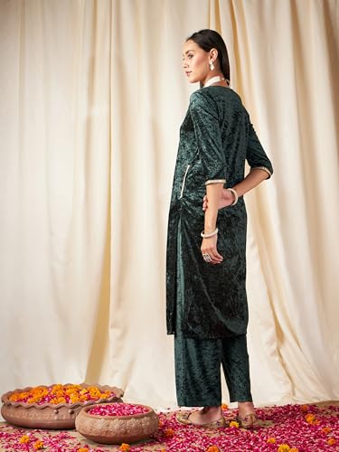 Image of Women's Velvet Floral Embroidered Straight Kurta | Round Neck Three-Quarter Sleeve Calf Length Kurti with Thread Work