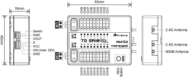Miniatura 7 de FrSky Tandem TD SR18 Receptor de doble banda de 18 canales 900MHz2.4GHz con estabilizador avanzado antenas triples e interruptor de alimentación