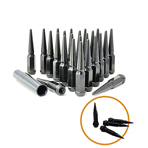 Image of 24PCS 4.4 inch Length 14x1.5 Black Wheel Spike Lug Nuts,Cone /Conical Bulge Seat,Closed End Nuts with 1 Socket Key and Gift Set 4 Pcs Black Aluminum Tires Valve Stem Cover Caps