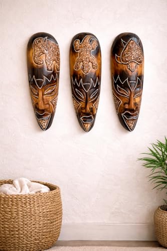 OMA Set Of (3) African Wall Masks With Stunning Details Hand Crafted Wooden Tribal Tiki Wall Hanging Home Decor Gift OMA Set Of (3) African Wall Masks With Stunning Details Hand Crafted Wooden Tribal Tiki Wall Hanging Home Decor Gift