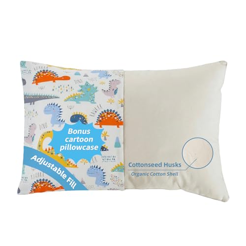 Image of Organic Plilow with Cartoon Pillowcase - 16x22 Kids Pillow with 100% Organic Cotton Shell, Adjustable Organic Youth Pillow, Machine Washable, Soft,for Kids&Youth&Children (Dinosaur)