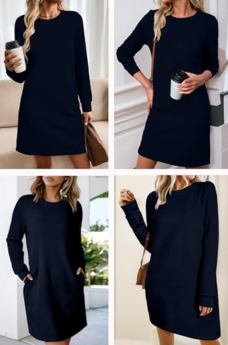 BLENCOT Womens Casual Pullover Sweatshirt Dress Crewneck Long Sleeve Trendy Fall Textured Solid Mini Dresses with Pockets3