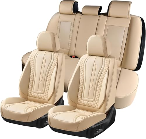 Image of Coverado Car Seat Covers Full Set, Leather Seat Coversfor Cars, Front and Back Seat Covers, Waterproof Car Seat Protectors Car Seat Cushions Universal for Most Vehicles, Beige