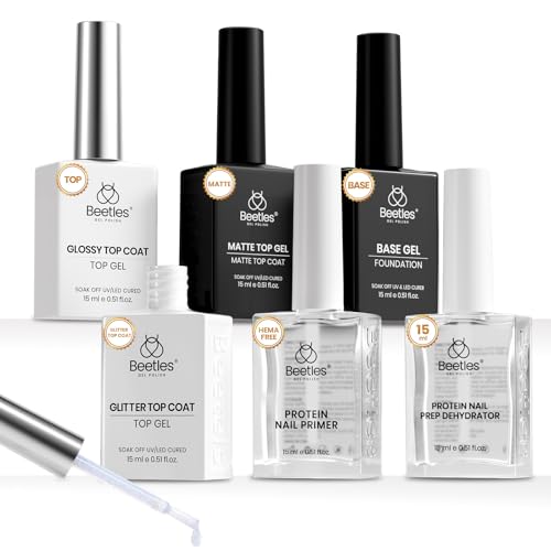 Image of Beetles 6 Pcs 15ml Glossy & Matte Gel Top and Base Coat Set with Protein Nail Prep Dehydrator and Primer Acid-Free & Hema-Free Dehydrate Bond Primer t for Acrylic & Gel Nail Polish Gifts