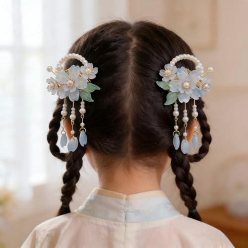 2 pinzas de pelo vintage azul con flor y perlas miniatura 4