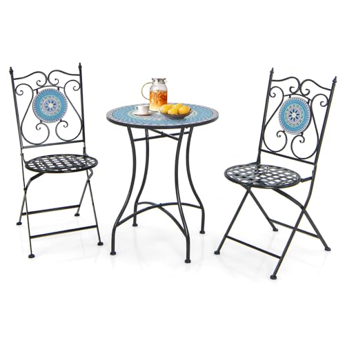 GOPLUS 3 Pcs Set de Salon de Jardin Mosaïque avec 2 Chaises Pliantes et 1 Table Rond, Ensemble de Table et Chaises Design Vinage Style Lisbonne en Fer, Charge...