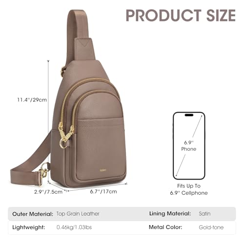 Image of Kattee Sling Bag for Women, Leather Crossbody Bag for Travel, Khaki | Top Grain Pebbled Leather. RFID back pocket, small chest bag fit 6.9-inch phone, fanny pack with adjustable strap.