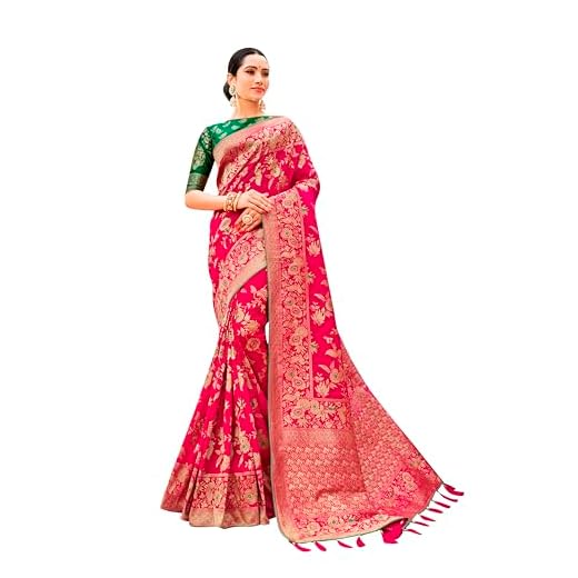 Monjolika Fashion Women's Banarasi Silk Blend Woven Zari With Tussles Saree and Jacquard Woven Blouse Piece (37765 color) (Magenta)
