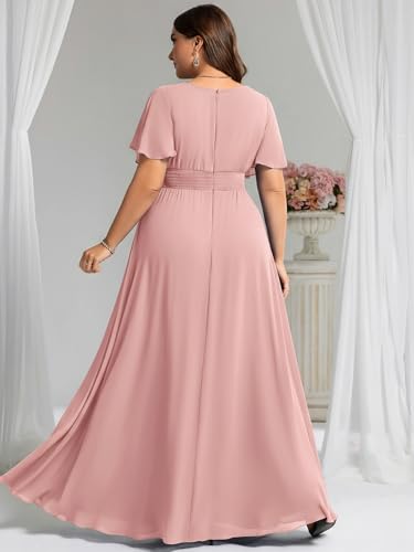 Image of Ever-Pretty Plus Elegant Formal Dresses for Curvy Women Round Neck Short Sleeves Chiffon Bridesmaid Mother of The Bride Dress