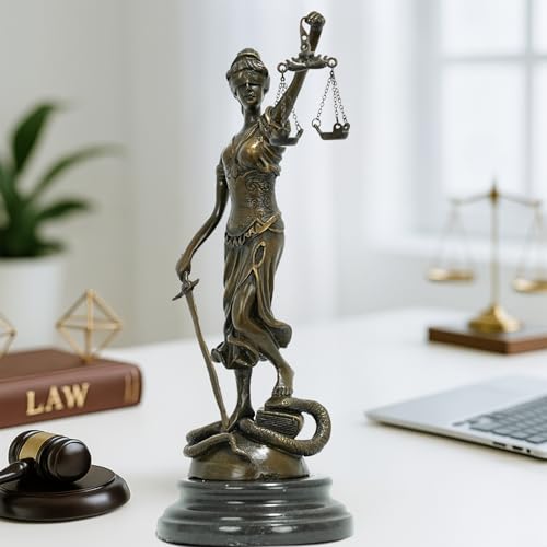 Blind Lady Justice Statue-Solid Bronze Themis Goddess of Justice Sculpture -Natural Marble Base Pure Handmade Hot Casting Unique Pattern Modeling Law Figure Office Desk Decor Barrister Gift. (10.2)