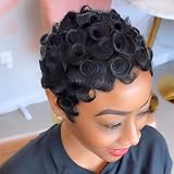 SeFiSha Short Layered Pixie Cut Wig Human Hair Wear and Go Glueless Curly Human Hair Wigs With Bangs for Women Full Machine Made None Lace Front Wigs Human Hair Natural Black Color