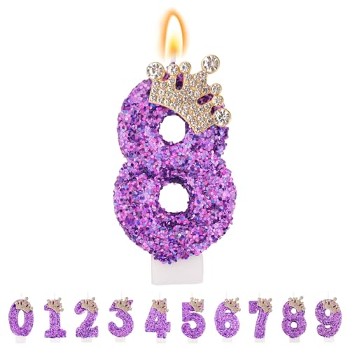 TESGADGETS Bougies d'anniversaire Violettes, Bougies d'anniversaire en Forme de Couronne combinables avec Le Chiffre 8 pour gâteau, Bougie Scintillante avec Le Chiffre 8 comme décoration de gâteau