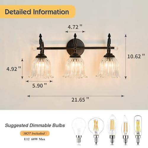 Image of CVKASH 3-Light Bathroom Vanity Light Fixtures Over Mirror,Black Modern Vanity Light with Glass Shade Vintage Wall Sconce for Bedroom Dressing Room Living Room Hallway Cabinet