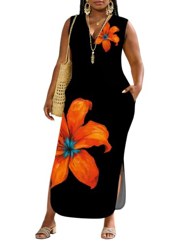Image of UOUA Women Summer Maxi Dresses Plus Size Casual Hawaiian Sundress Sleeveless Loose Split Beach Dress with Pockets