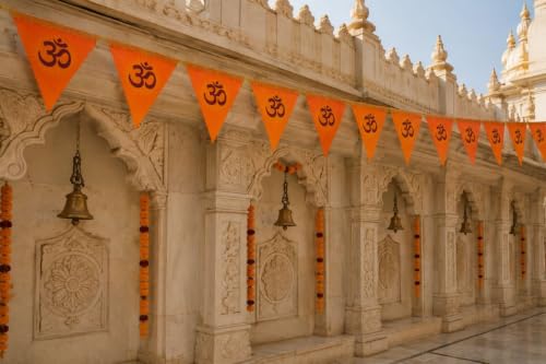 Image of BookMyCostume Religious & Spiritual Decoration Collection - Saffron Flags, Bunting Ladi, & Ethnic Stoles - Devotional Accessories for Temple, Festivals, Puja, Rallies & Daily Rituals