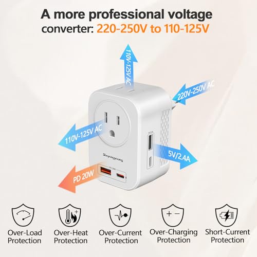 220V to 110V Voltage Converter US to Europe International Universal Travel Adapter, 20W PD With 2 USB-C 2 USB-A Port, Worldwide Power Converter Plug Combo US to Italy Spain Greece WHITE-L2