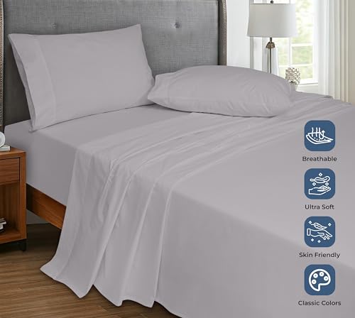 Image of Royale Linens 100% Organic Cotton Twin Flat Sheet Only - Super Soft - Percale Top Sheets - Twin Flat Sheet Sold Separately - Breathable, Cool & Crisp Sheets Only (66 inch x 96 inch, Silver)
