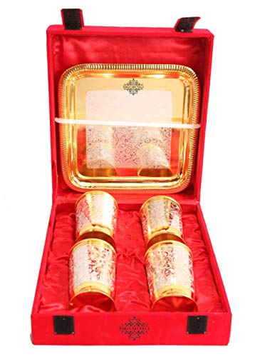 Indian Art Villa Set of 4 Designed Silver Plated Gold Polished Glasses Goblets Cups - Serving Water Home Hotels Restaurants Tableware Gift Item
