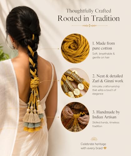 Image of Zippy Flora Handmade Boho Juhi Parandi (Mustard) | Traditional Indian Hair Accessory | Elegant Braided Paranda with Tassels | Ethnic Choti Hair Extension for Women & Girls