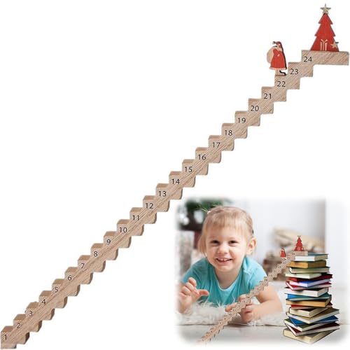 Calendrier de l'Avent 2024 avec panneau de Père Noël qui monte les escaliers en bois, calendrier de compte à rebours des escaliers du Père Noël, panneau...