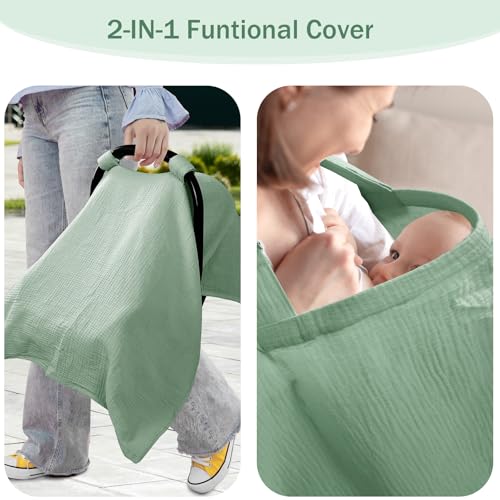 Image of Hooyax 2-in-1 Baby Car Seat Cover & Nursing Cover, 100% Muslin Cotton, Breathable Car Seat Canopy and Privacy Breastfeeding Cover, Green