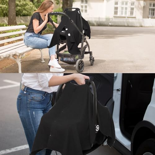 Image of Baby Car Seat Cover Muslin Infant Carseat Canopy, Peekaboo Opening Car Seat Covers, Unisex Large Universal Fit Lightweight Breathable Newborn Breastfeeding Nursing Covers