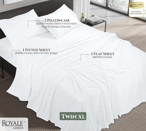 Image of ROYALE LINENS 100% Organic Cotton Twin XL Sheet Set - 16 inch Deep Pocket Bed Sheets - White Bed Sheets - Sabanas Twin XL - 1 Flat, 1 Fitted & 1 Pillowcases - White Sheet Set - Cotton Bedding Sets