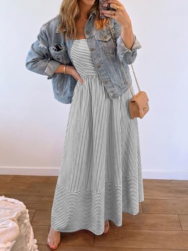 Image of Caracilia Womens Maxi Dresses Gingham Spaghetti Strap Back Smocked Flowy Long Sundress Summer Beach Vacation Clothes 2026
