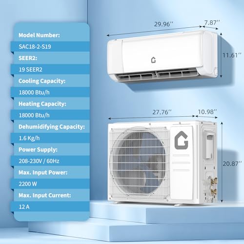Garvee 18000 BTU Mini Split AC w/Remote Work 19 SEER2 230V Cools Up to 1250 Sq. Ft,Ductless Inverter Mini Split System w/Heat Pump Pre-Charged & 16.4 ft Installation Kit,Ultra-Quiet by Garvee - Image 2