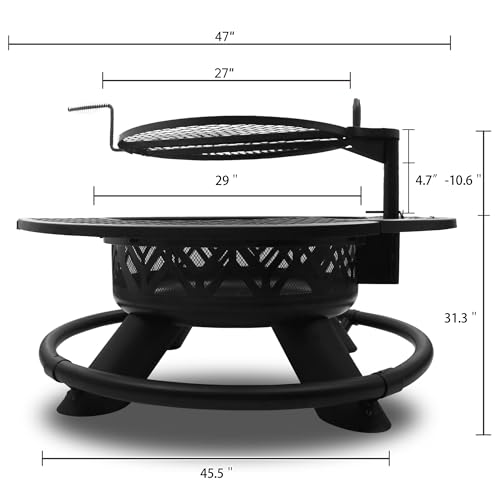 Red Mountain Valley 47" Outdoor Fire Pit with Adjustable Grill, 2-in-1 Outdoor Large Wood Burning Firepit Bowl, Bonfire Patio Fire Pits with Cooking grates, Metal Round Table for Backyard
