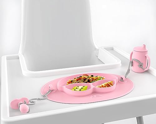 Image of AYAOQIANG Silicone Suction Toddler Plates - Baby Plate Placemat for First Foods,Self-Feeding Plate for Kids + 3 Divided + 2 Tethers - Dishwasher Safe (Pink)