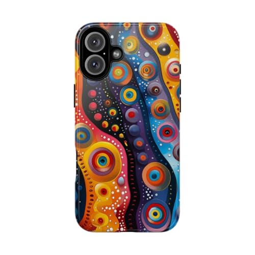Coque iPhone 16 Plus rigide brillante motif circulaire abstrait coloré