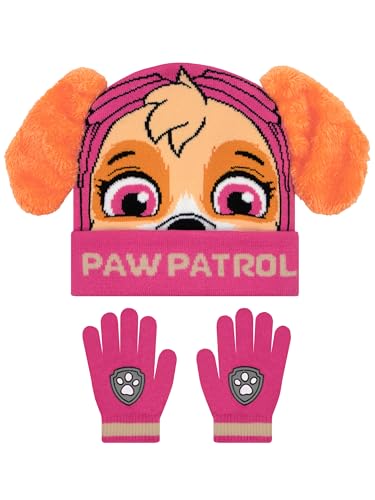 Paw Patrol Conjunto de gorro e luvas de patrulha canina para meninas, Skye com orelhas 3D, rosa, tamanho único