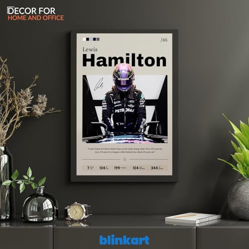 Image of BLINKART Lewis Hamilton F1 Racing Tennis Player Synthetic Wood Photo Framed Wall Hanging Poster For Room & Office Bedroom Living Boys & Girl Room Home Wall Hanging, Decorative Wall Art (13*10 Inches)