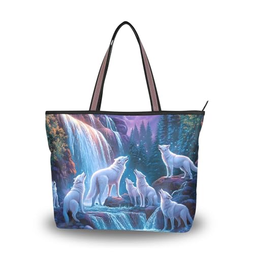 Image of ALAZA Large Tote Bag, Women Shoulder Bag Big Capacity Casual Handbags, Waterfall Moon White Wolf Shopping Tote with Pockets Zip,L