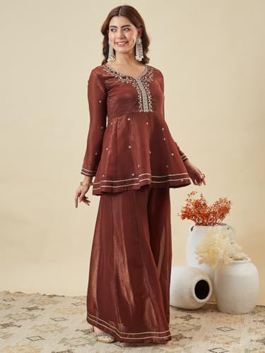 Image of MOKOSH Women's Silk Embroidery Peplum Kurta Sharara with Dupatta | Anarkali Kurta Set | Sweetheart Neck Full Sleeve Ethnic Suit | 3 Piece Outfit | Indian Kurta Outfit With Sharara