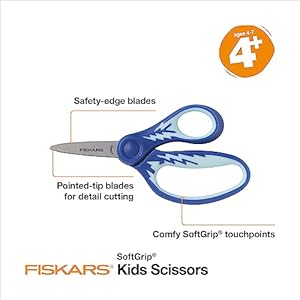 Fiskars 5" SoftGrip Pointed-Tip Scissors for Kids Ages 4-7, Scissors for School or Crafting, Back to School Supplies, Blue Lightning Fiskars 5 SoftGrip Pointed Tip Scissors for Kids Ages 4 7 Scissors for School or Crafting Back to School Supplies Blue Lightning
