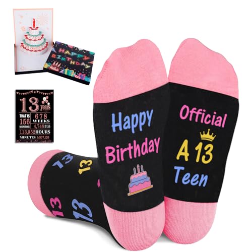 Juesly Gifts for 13 Year Old Girl - Novelty Socks with Pop Up Birthday Card and 13th Poster Anniversary Card Best Presents for 13th Birthday Girl