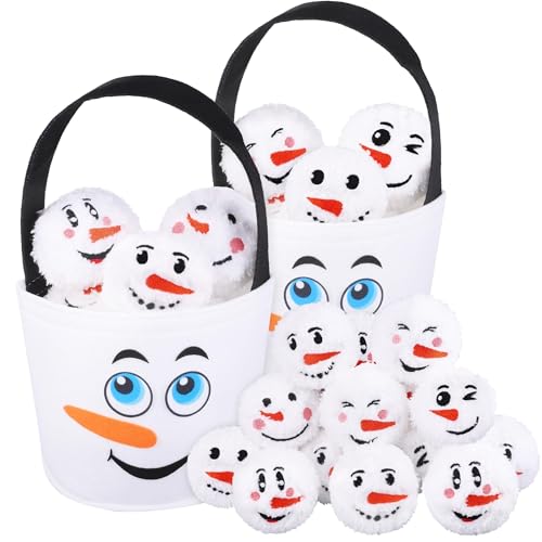 Aneco 52 Pieces Snow Toy Balls Set 2.8 Inch Plush Snowmen Balls with 4 Snowman Bags First Snow Fight Ball Fun Realistic Smile Face Ball Toys for Christmas Winter Indoor Outdoor Party Game
