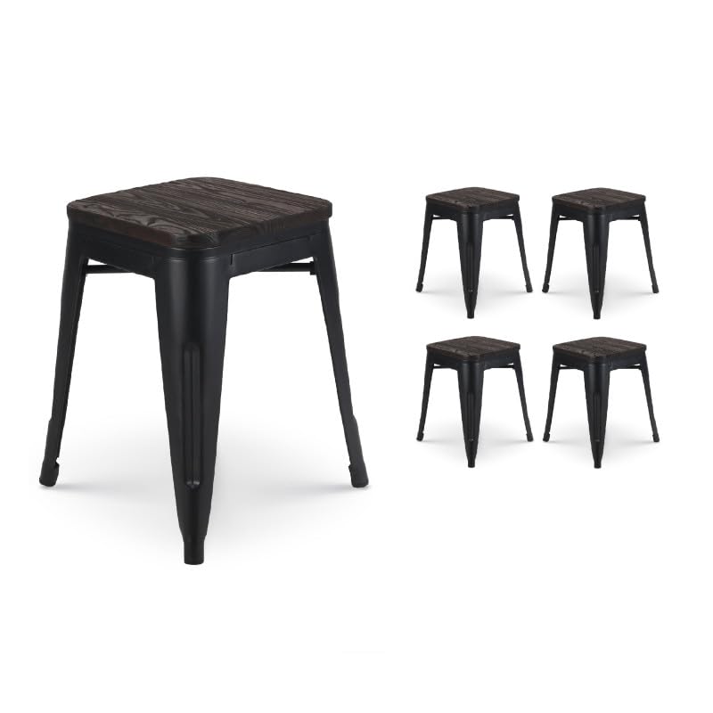 Kosmi - Lot de 4 tabourets en métal Noir Mat et Assise Bois foncé - Hauteur 46cm