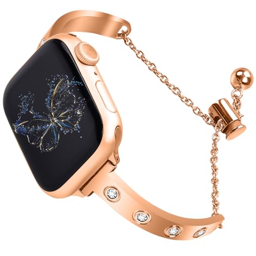 Stainless Steel Band Compatible with Apple Watch 38mm 40mm 41mm 42mm 44mm 45mm 46mm 49mm Pretty Luxury Strap with Sparkle Diamond, Dressy iWatch Bracelet, Bling Thin Band for Women