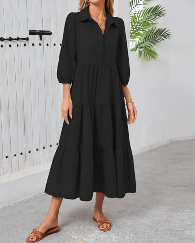 Image of Women Button Down Maxi Shirt Dress Long Sleeve Flowy Tiered Collared Dresses with Pockets