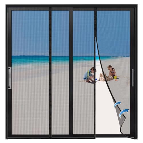 Moustiquaire Baie Vitrée Coulissante 240x220cm Fermeture Magnétique Ultra Fine Rideau Aimanté Sans Perçage avec Ruban Adhésif pour Porte d’Entrée Anti Mouche Installation, Noir