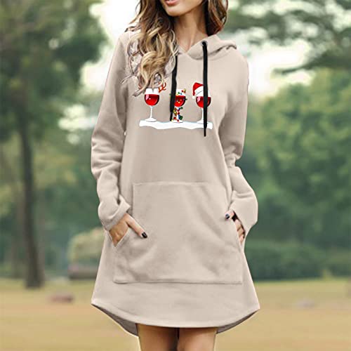 Women Christmas Wine Glass Printing Drawstring Hooded Christmas Pocket Long Sleeve Dress Scoop Neck Tops (Beige, L) #TOP1