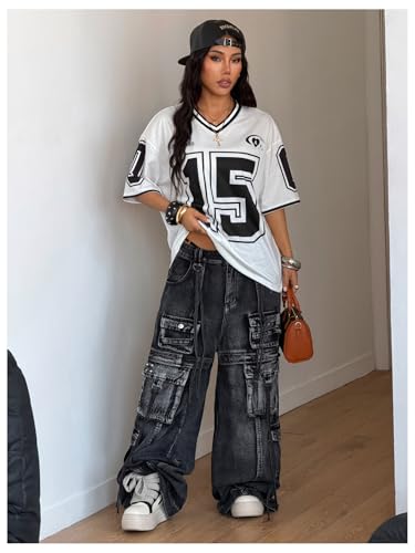 Image of SOLY HUX Jersey Shirts for Women Number Graphic Print V Neck Baggy Tees Hip Hop Streetwear