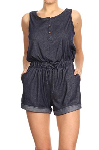 ShoSho Womens Solid Color Spring Summer Casual Shorts Rompers Jumpsuits Overalls Denim Fold Back Cuff Tank Rompers Navy Medium