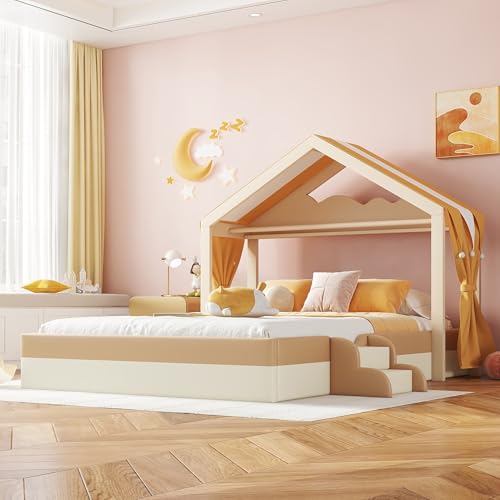 Pawom cama acolchada 140 x 200 cm cama infantil con somier de láminas, diseño de casa, escalera, material PU, marrón, minimalista y marco de cama para habitación infantil
