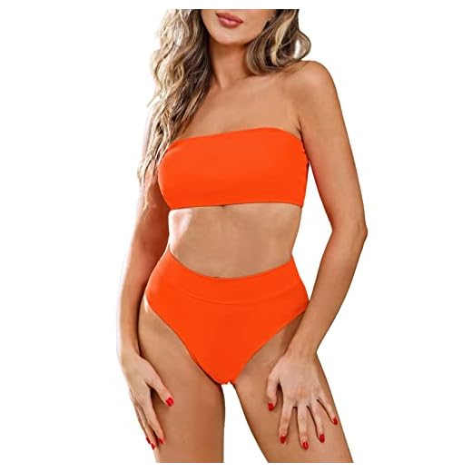 Viottisetet Bandeau Top Damen Bikini Set High Waist Badeanzug mit Abnehmbare Träger, Orange, XL