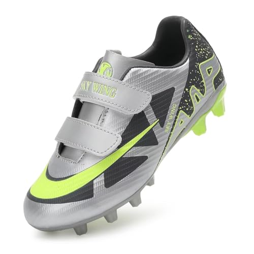 SKY WING Boys And Girls Soccer Cleats FG Sole Soccer Shoes For Unisex Kid Indoor Outdoor Hook & Loop Football Shoes Suitable Little Kid And Big Kid Silver 37 EU
